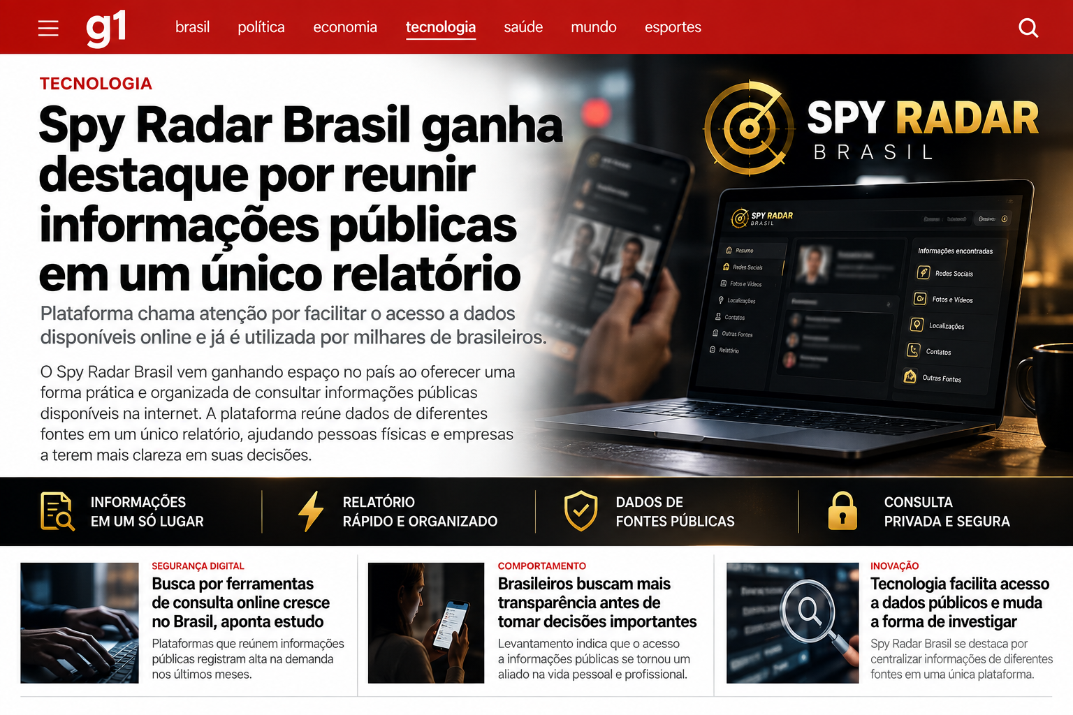 Matéria do portal g1: Spy Radar Brasil ganha destaque por reunir informações públicas em um único relatório