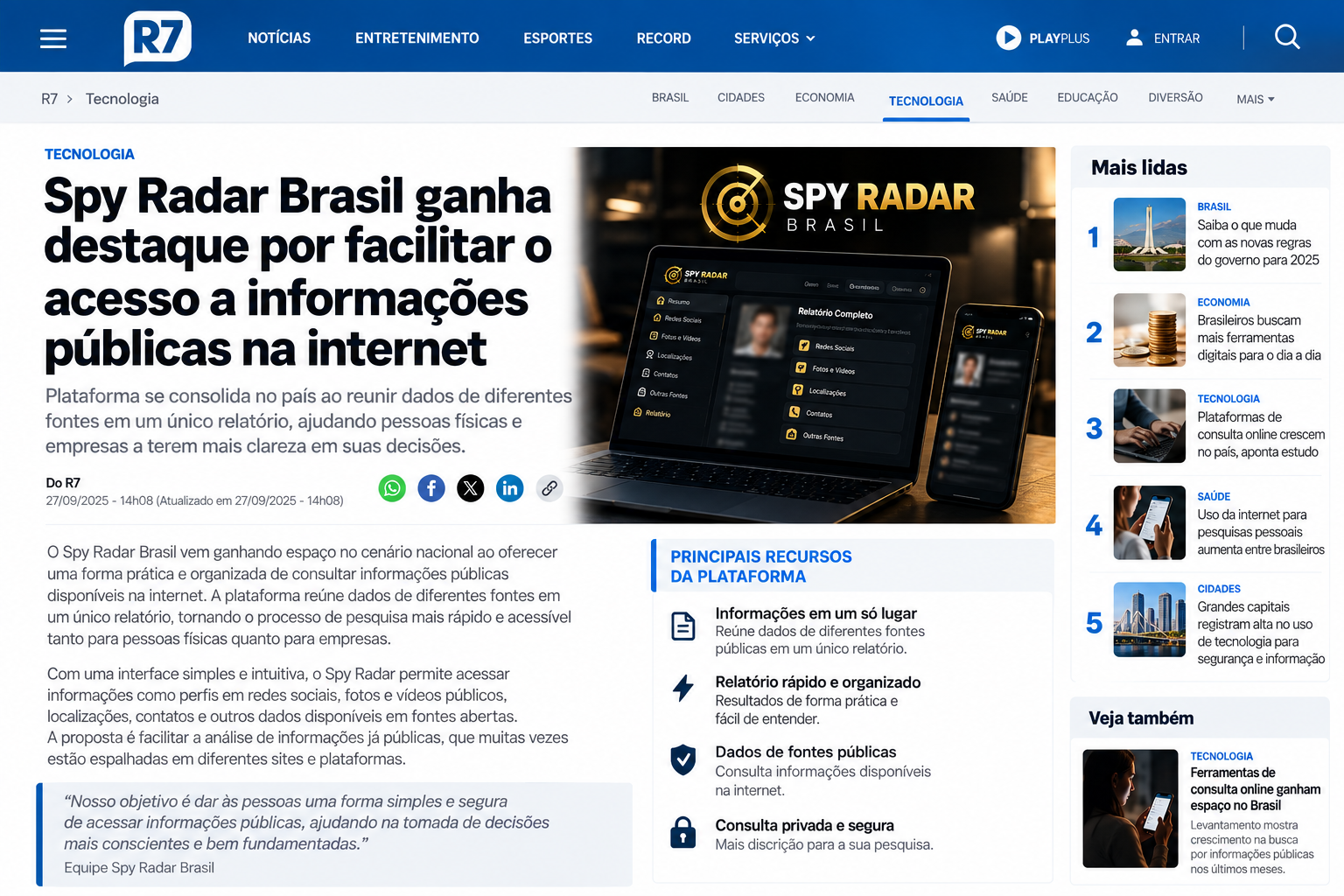 Matéria do portal R7: Spy Radar Brasil ganha destaque por facilitar o acesso a informações públicas